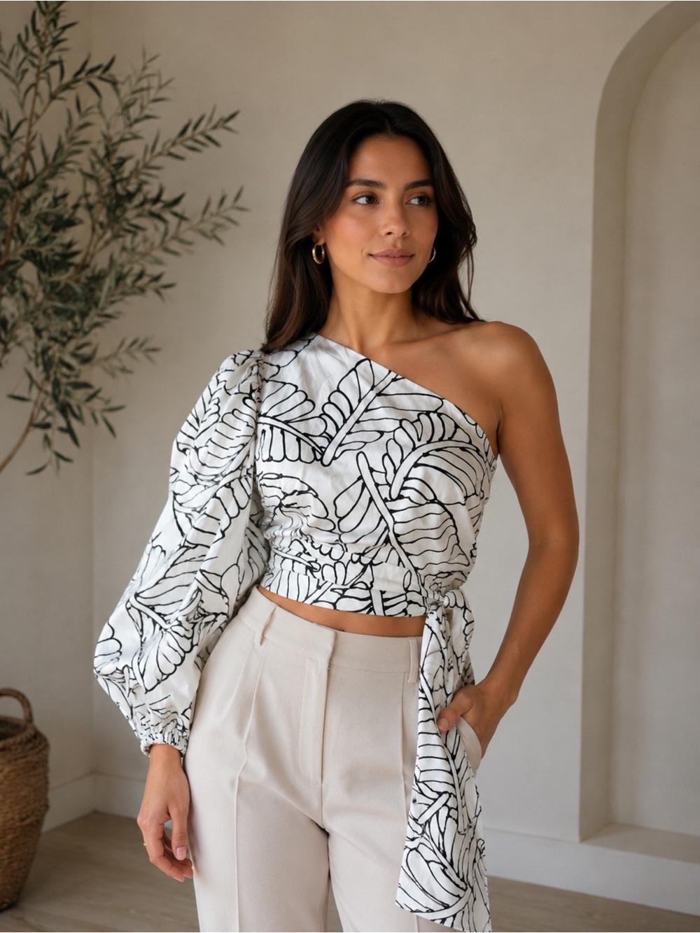 Asymmetric One-Shoulder Black & White Leaf-Print Blouse